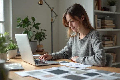 Jeune femme apprenant le design d'intérieur en ligne sur ordinateur portable avec des échantillons de tissu et moodboards sur un bureau moderne