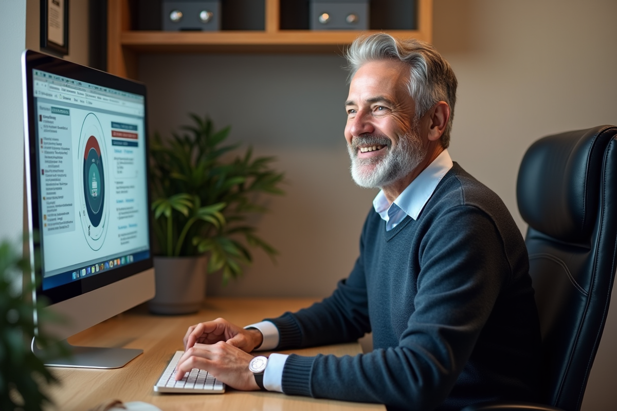 Employe souriant suivant une formation en ligne