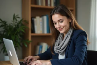 Jeune femme étudiant le financement de sa formation hôtesse de l'air à son bureau à domicile