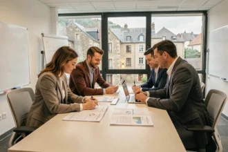 Groupe de professionnels adultes réunis dans un centre de formation professionnelle en Bourgogne-Franche-Comté, consultant des documents de formation autour d'une table moderne
