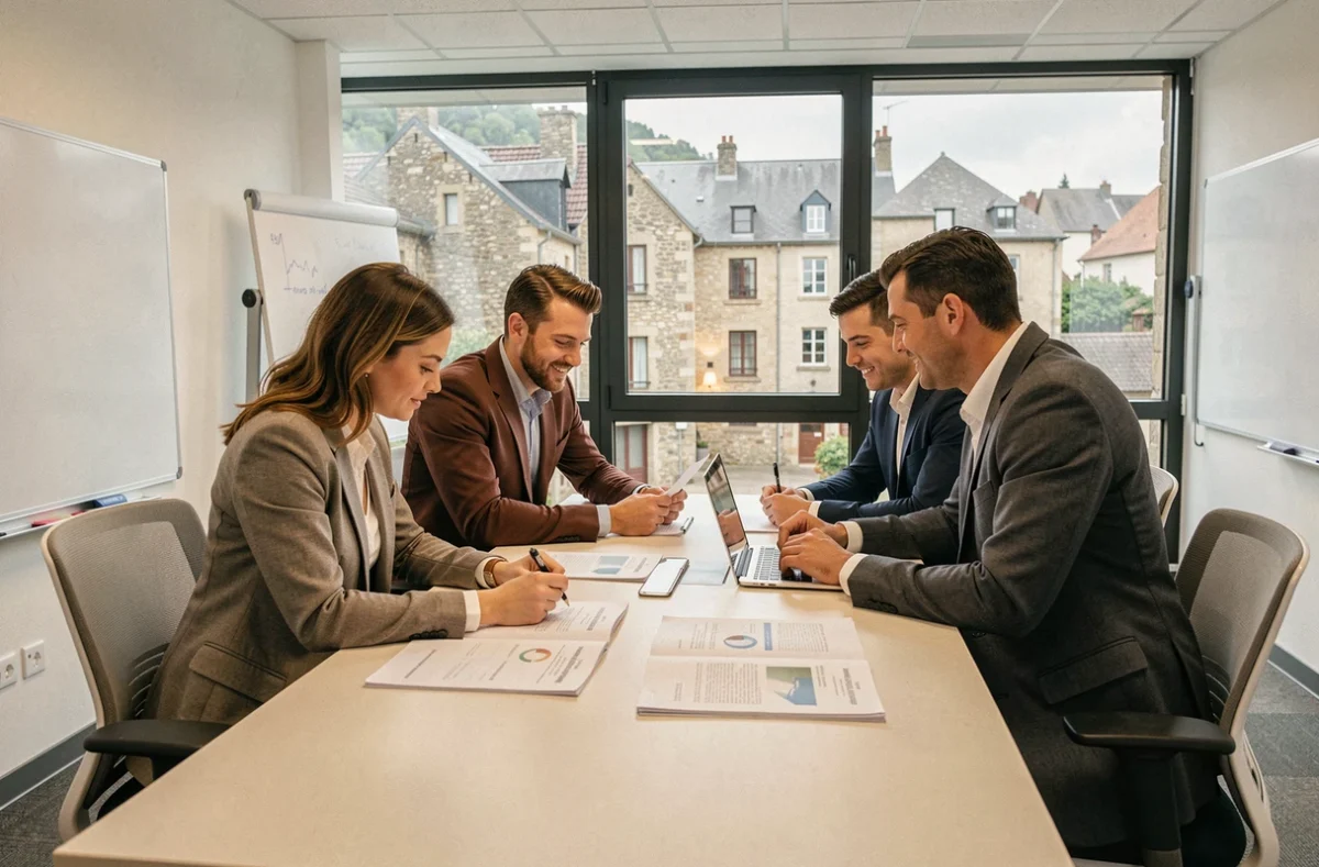 Groupe de professionnels adultes réunis dans un centre de formation professionnelle en Bourgogne-Franche-Comté, consultant des documents de formation autour d'une table moderne