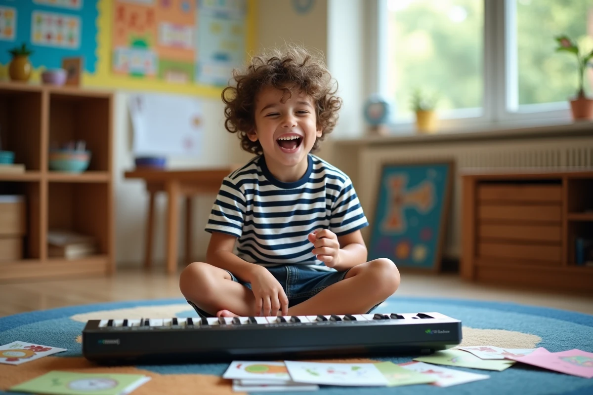 Garçon souriant jouant du clavier dans une classe de musique