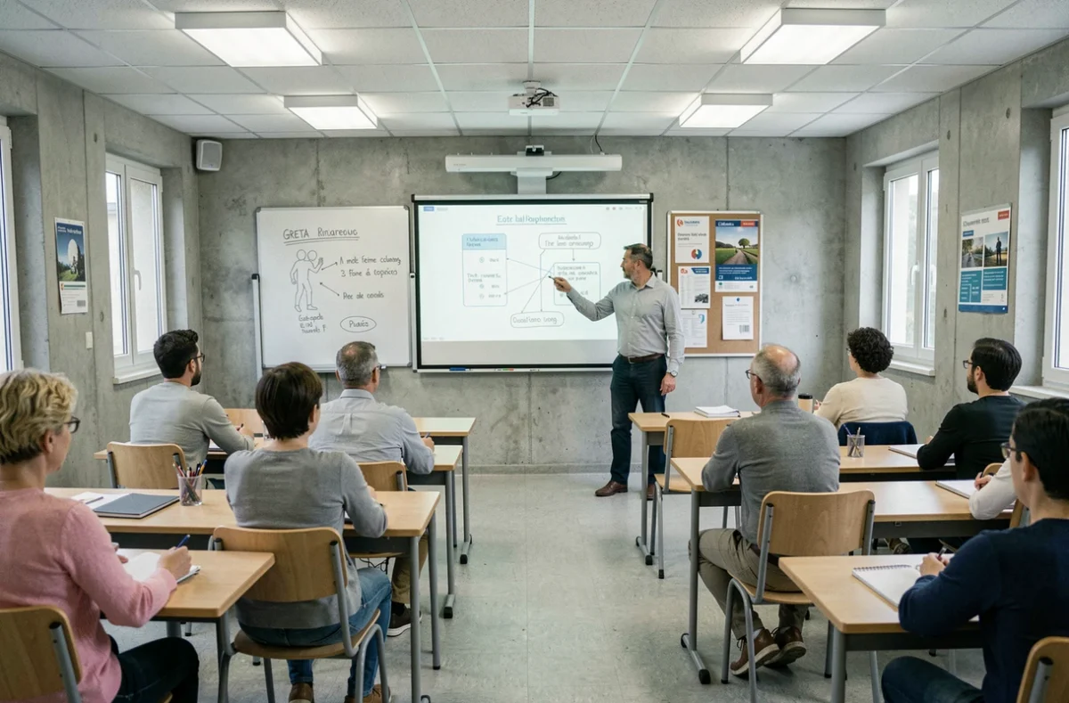 Formateur du réseau GRETA animant un cours pour des adultes en formation continue dans une salle de classe de l'Éducation nationale en Bourgogne-Franche-Comté