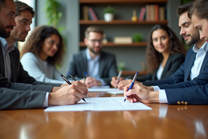 Groupe d'adultes en réunion dans un bureau moderne