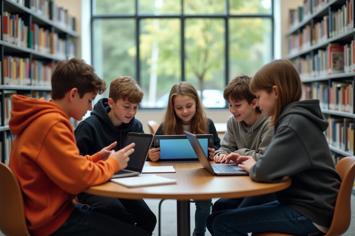 Groupe de cinq élèves collaborant autour d une table en bibliothèque