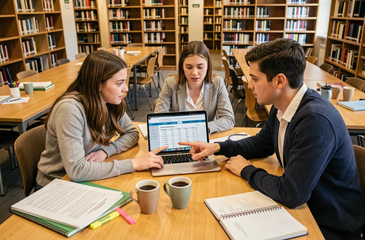 Groupe d'étudiants analysant ensemble le classement SIGEM 2026 sur un ordinateur portable dans une bibliothèque universitaire