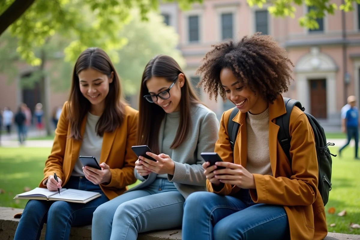 Groupe divers d etudiants dehors regardant leurs emails sur smartphone