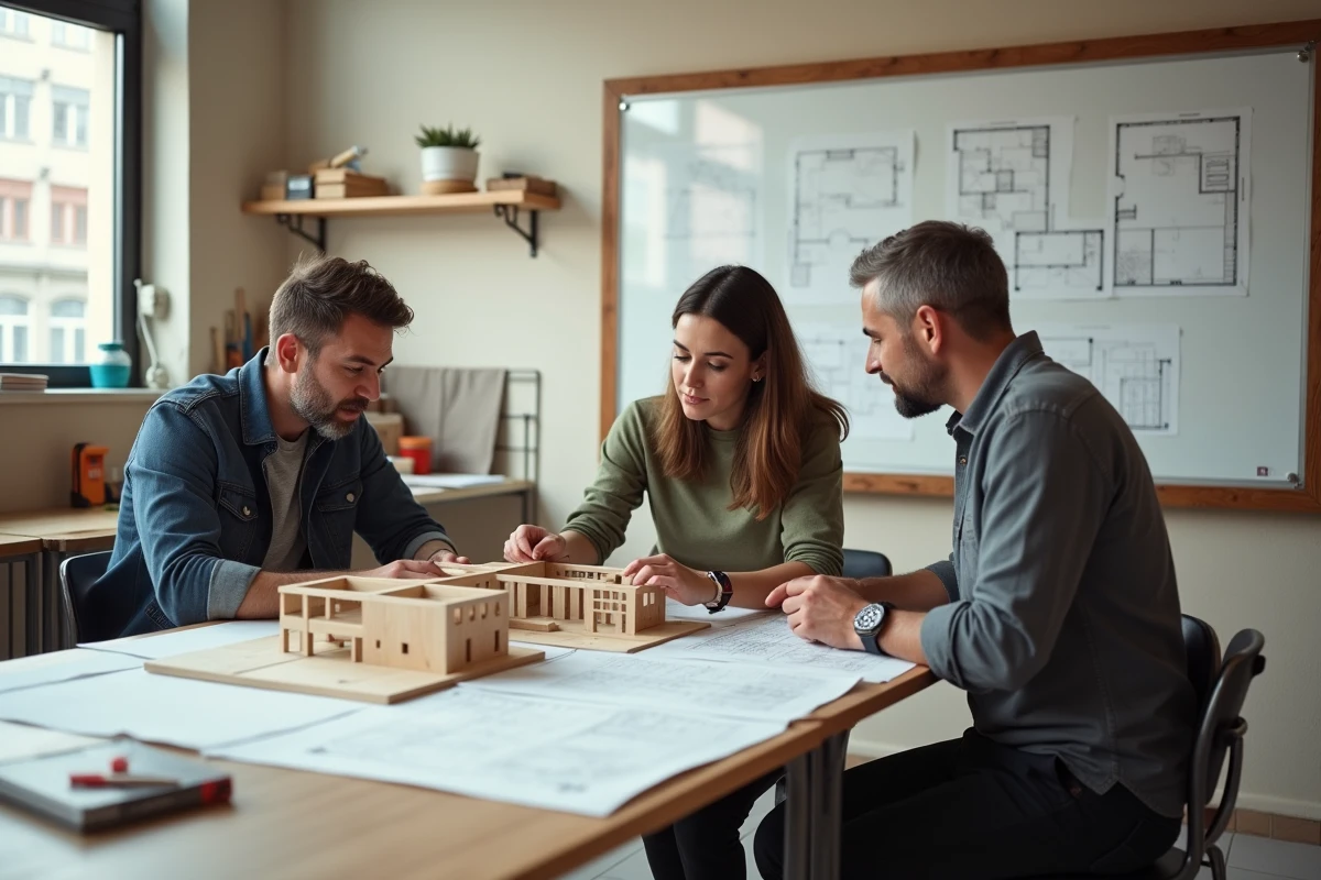Groupe d'adultes en formation professionnelle BTP travaillant ensemble sur des maquettes et plans architecturaux dans une salle de cours de reconversion