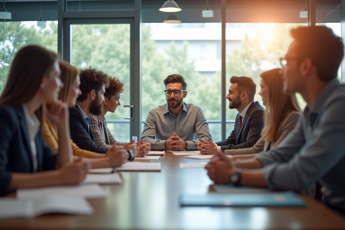 Groupe de jeunes professionnels discutant en bureau lumineux