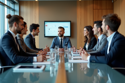 Groupe de professionnels en réunion stratégie