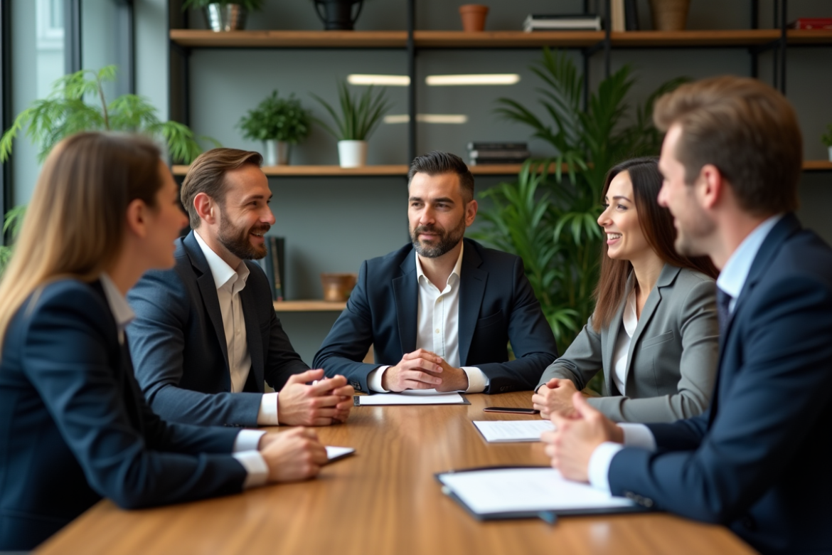 Groupe de professionnels en réunion dans un bureau moderne