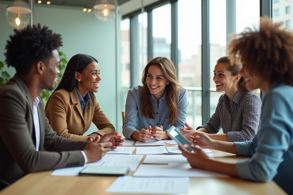 Groupe de professionnels discutant autour d