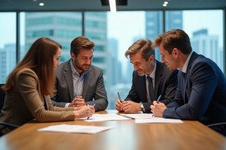 Groupe de quatre adultes en réunion dans un bureau moderne