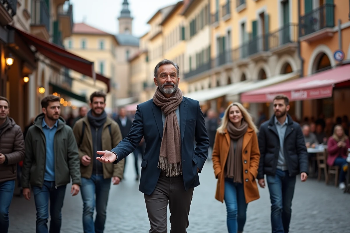Guide touristique guidant un groupe dans une vieille ville