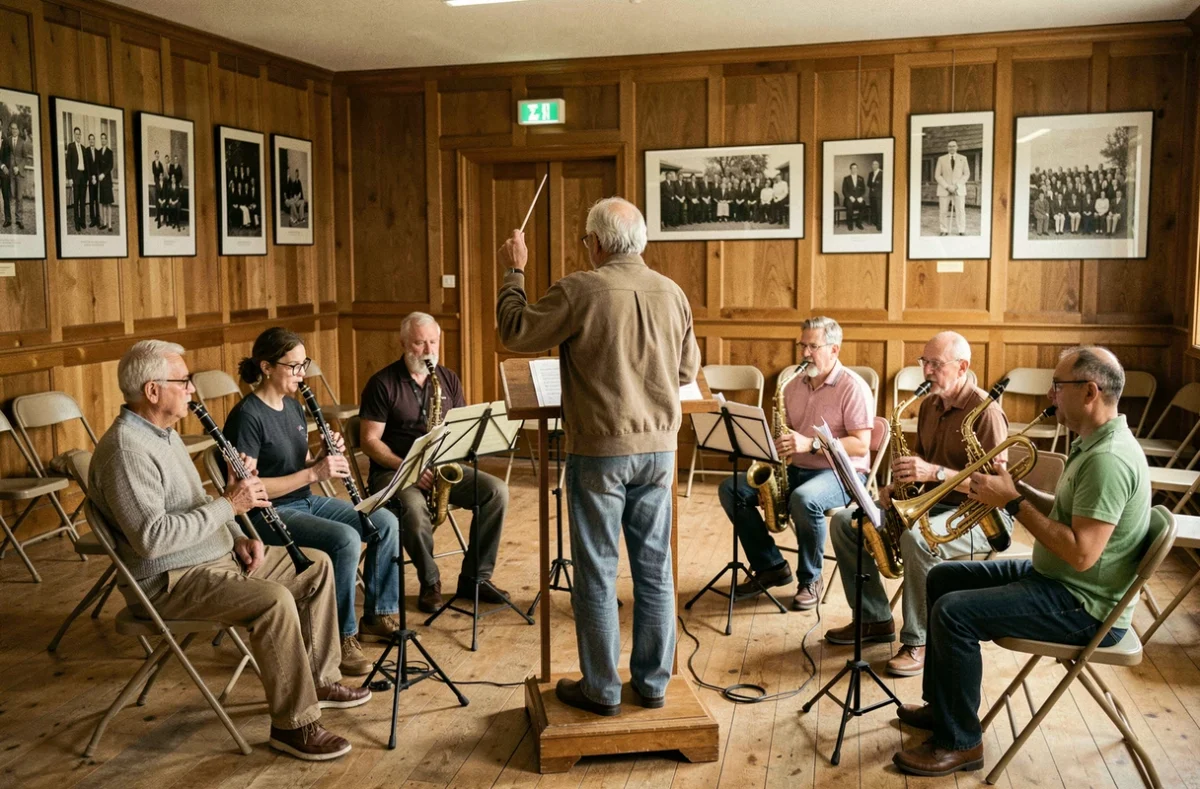 Un chef d'orchestre dirigeant une répétition de l'Harmonie de Nangis dans une salle communautaire