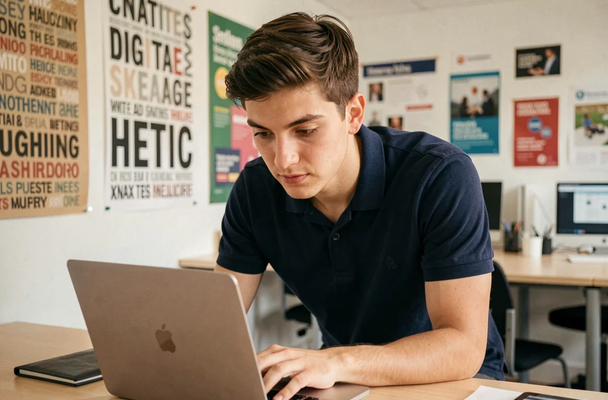 Étudiant en marketing digital concentré sur son ordinateur dans l'environnement créatif de HETIC Bordeaux