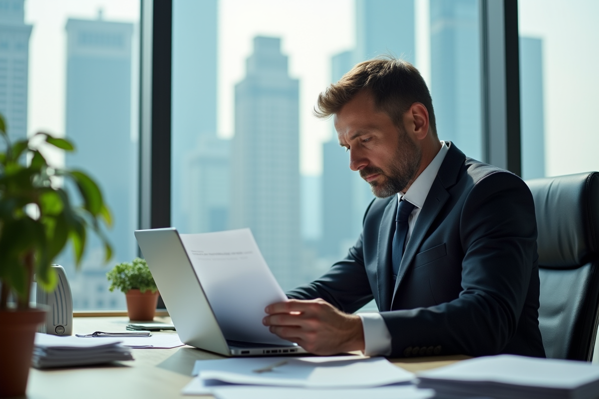 Homme d affaires en costume lit des documents au bureau