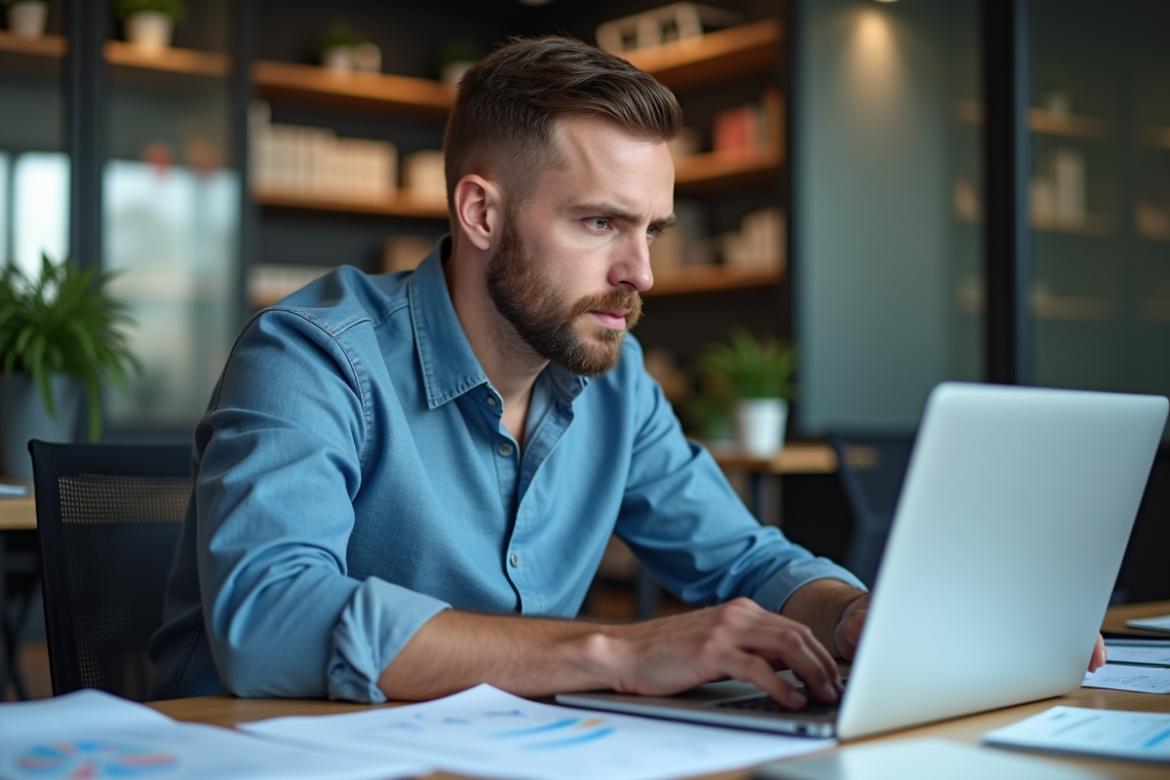 Homme concentré travaillant sur son ordinateur dans un bureau moderne