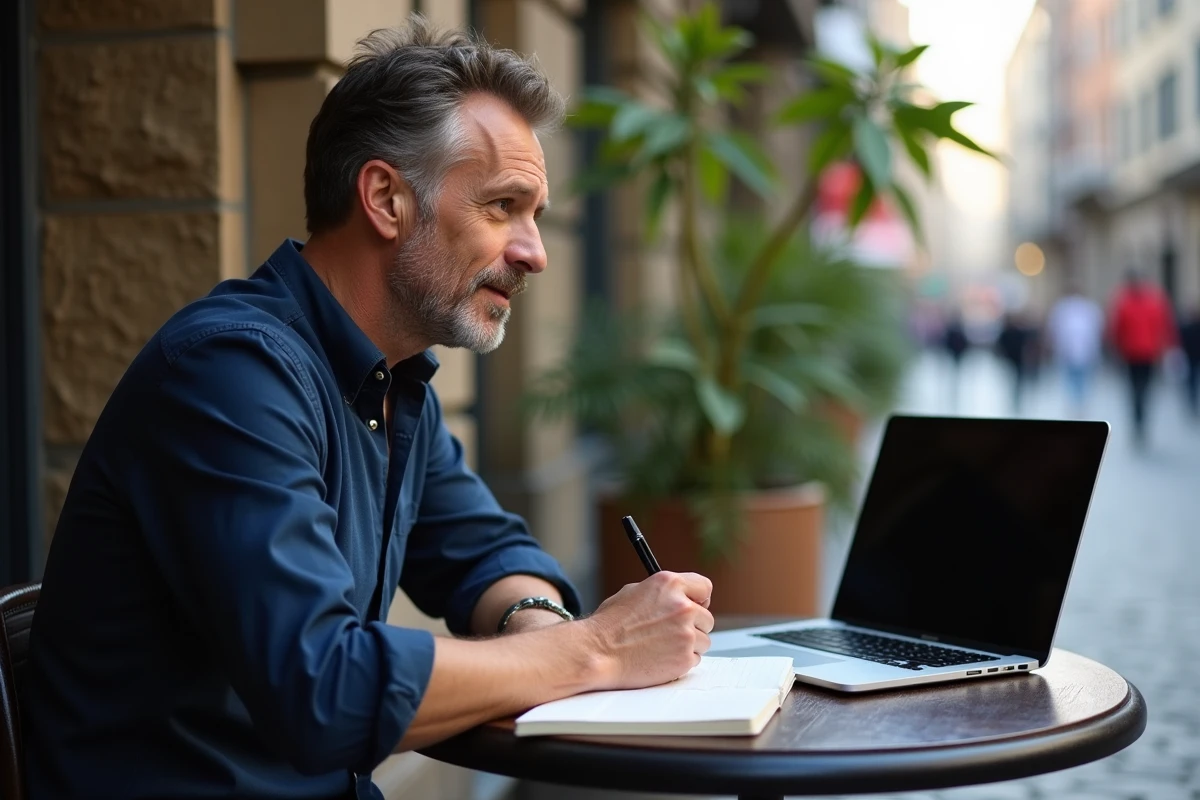 Homme méditant dans un café en ville avec son carnet