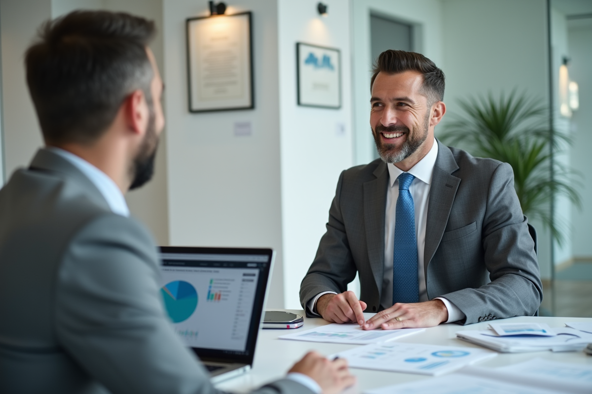 Homme en costume gris discute avec un conseiller financier