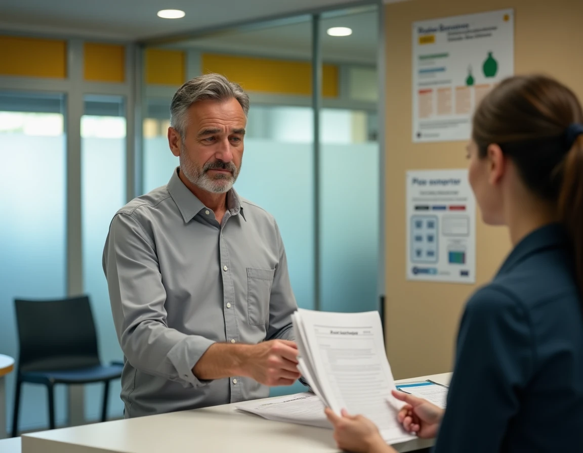 Homme déposant un dossier de documents au guichet de Pôle emploi lors de son inscription