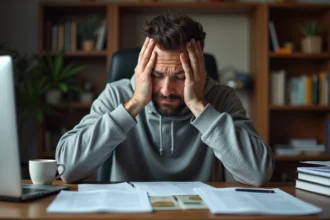 Homme fatigué assis à son bureau avec des fiches de tests psychotechniques, illustrant le stress et la surcharge mentale liés à la préparation régulière