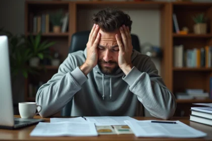 Homme fatigué assis à son bureau avec des fiches de tests psychotechniques, illustrant le stress et la surcharge mentale liés à la préparation régulière