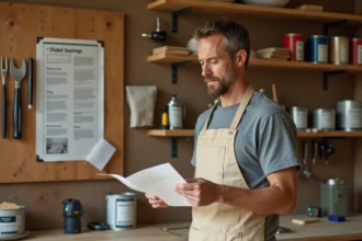 Homme adulte en atelier de bricolage étudiant une fiche de formation pratique entouré d'outils organisés sur un établi en bois