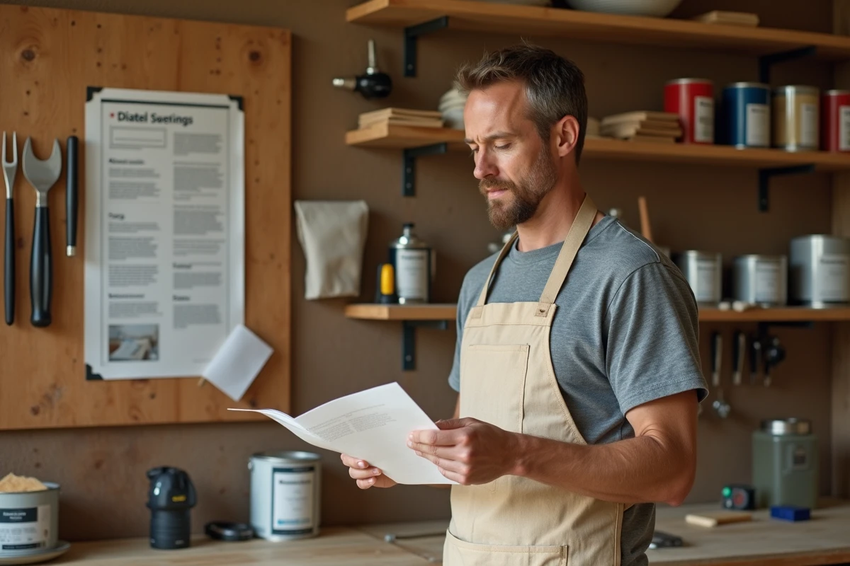 Homme adulte en atelier de bricolage étudiant une fiche de formation pratique entouré d'outils organisés sur un établi en bois