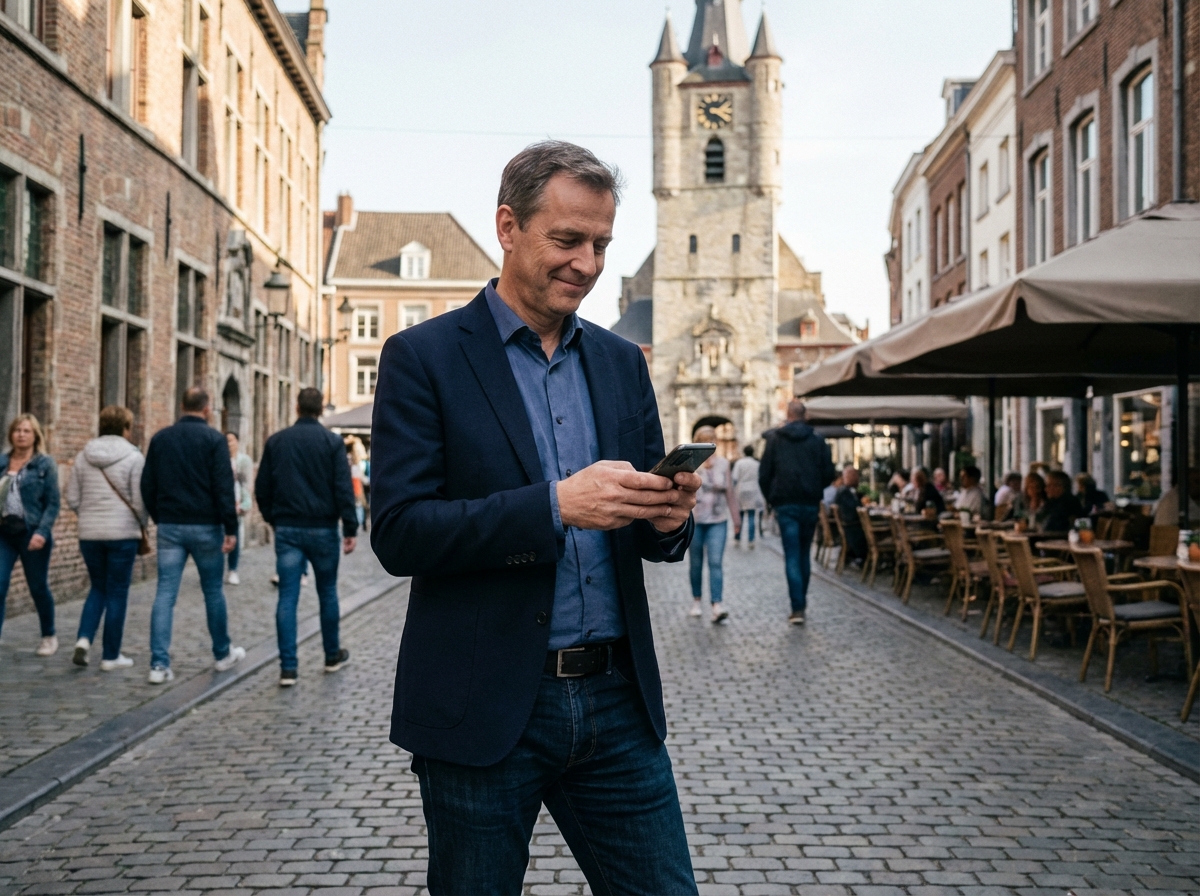 Homme regardant son smartphone dans la ville locale