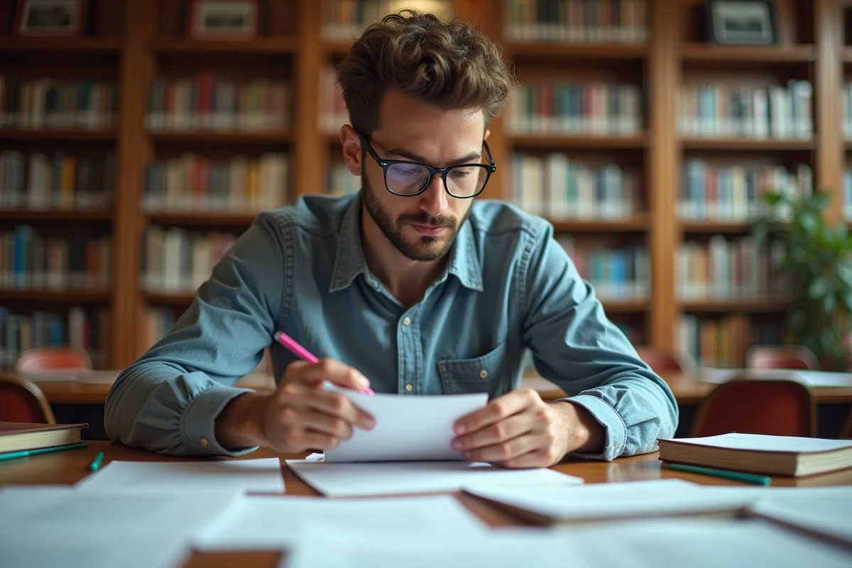Étudiant en bibliothèque feuilletant des fiches de révision