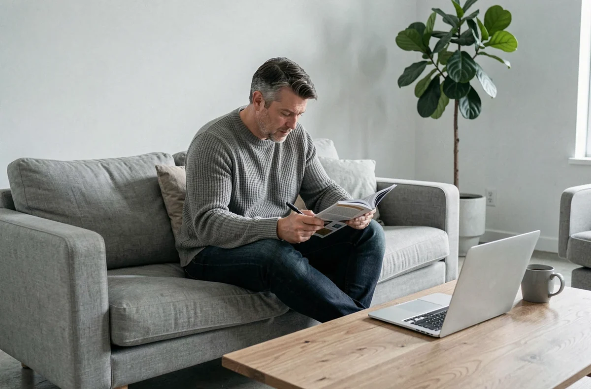 Homme d'affaires consultant un magazine de formation sur son canapé avec ordinateur portable et carnet de notes, symbolisant l'optimisation d'un abonnement professionnel
