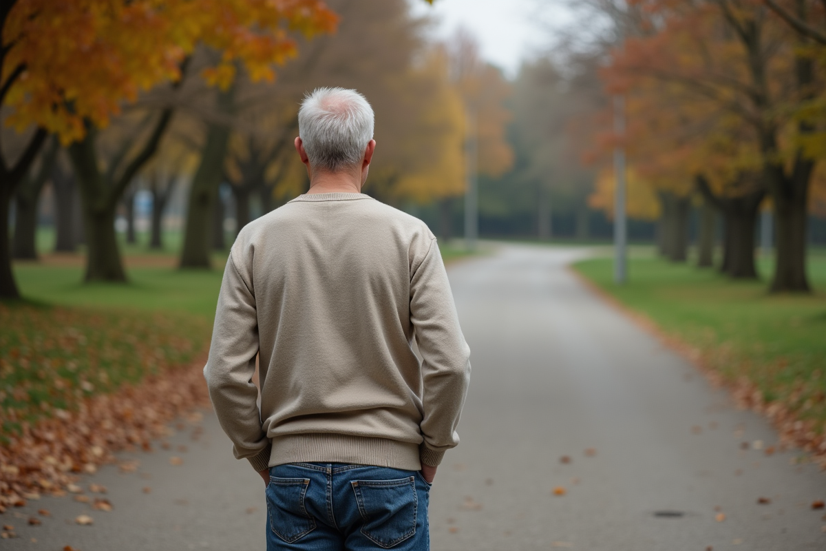 Homme pensif au croisement de chemins dans un parc
