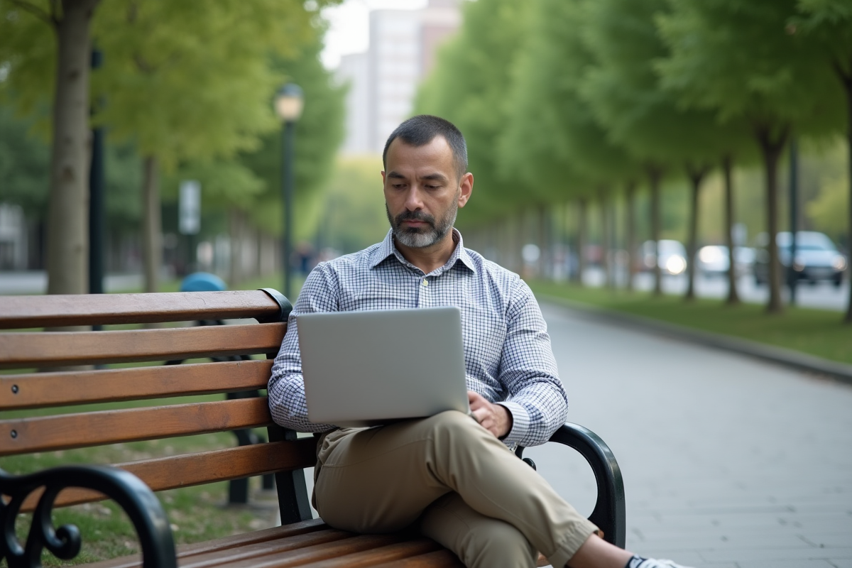 Homme travaillant sur un ordinateur en plein air
