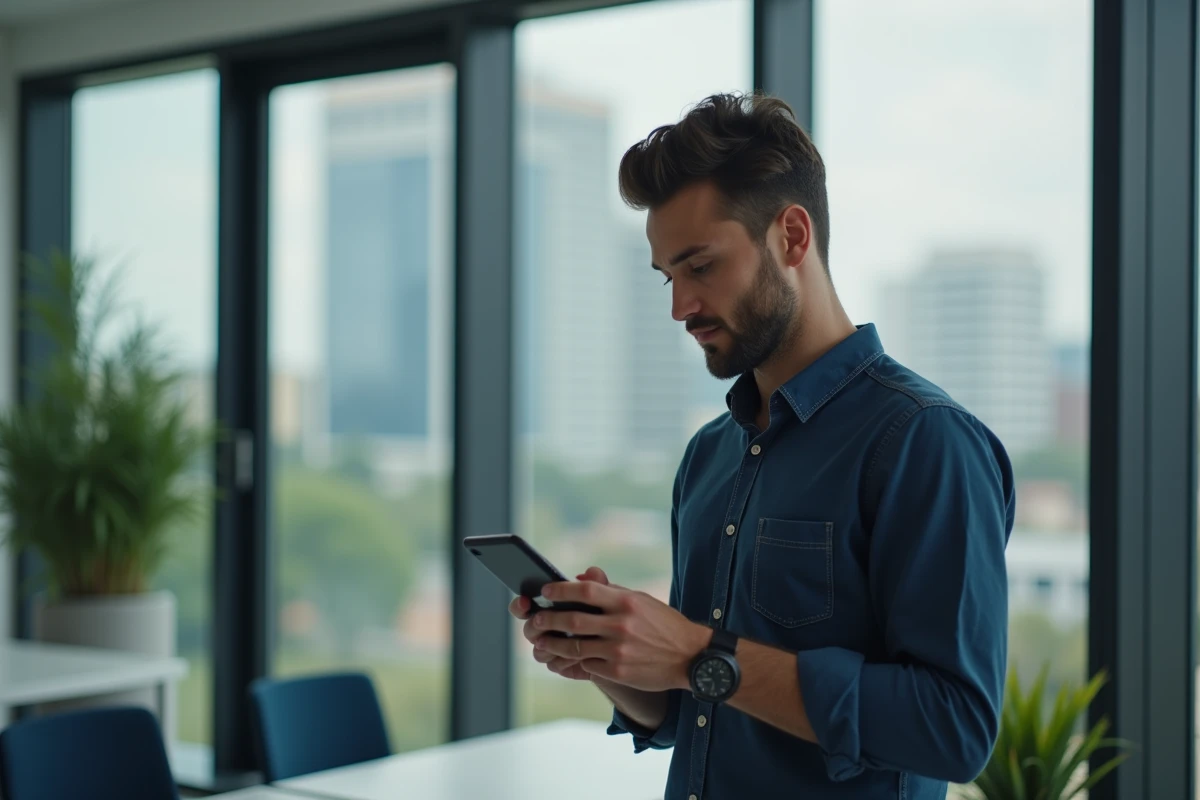 Homme consultant un portail d'examens universitaires sur son téléphone mobile depuis un bureau moderne