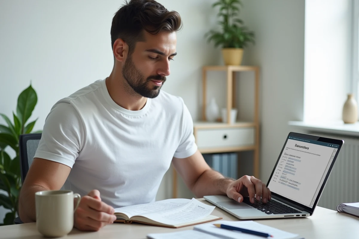 Homme étudiant les conjugaisons espagnoles tener et haber pour préparer l'examen DELE à domicile