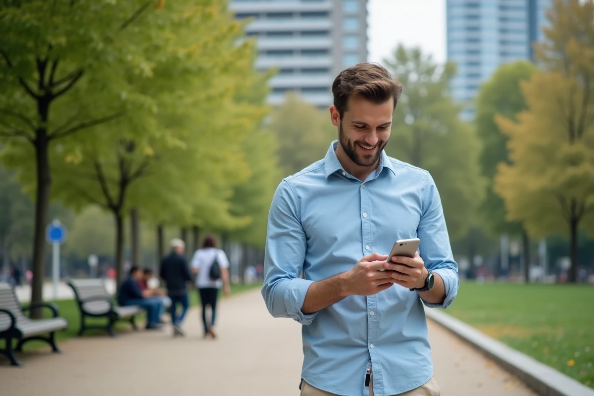Homme souriant regardant son téléphone dans un parc urbain