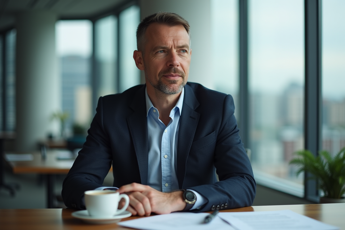 Homme québécois en costume dans un bureau moderne