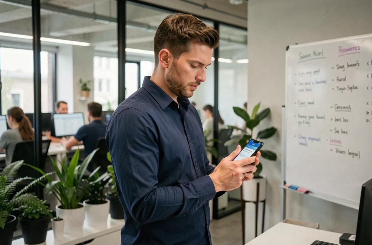 Homme consultant son téléphone pour récupérer un mot de passe oublié sur un portail étudiant