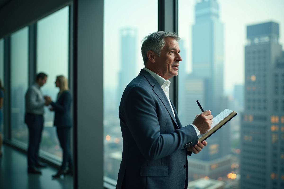 Homme en réunion dans un bureau avec vue sur la ville