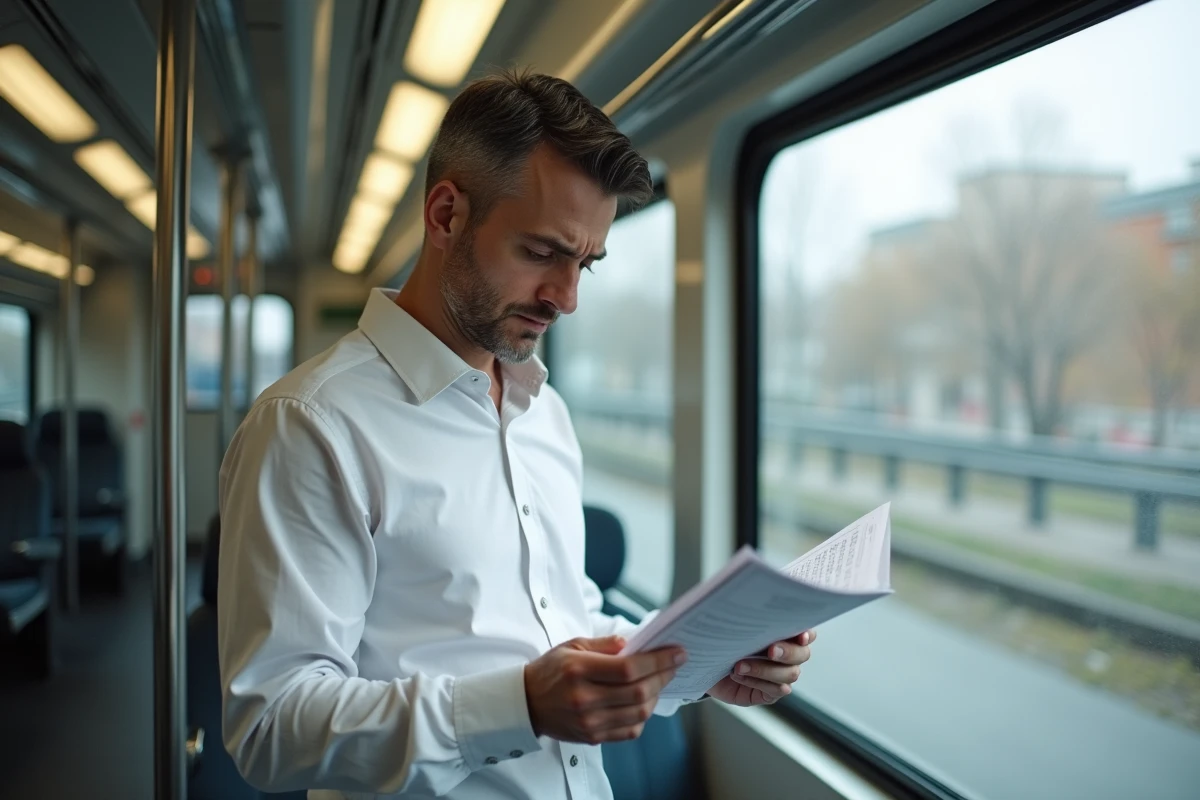 Homme en costume décontracté révisant un cahier de tests psychotechniques dans un train de banlieue, illustrant la gestion du temps et la préparation en déplacement