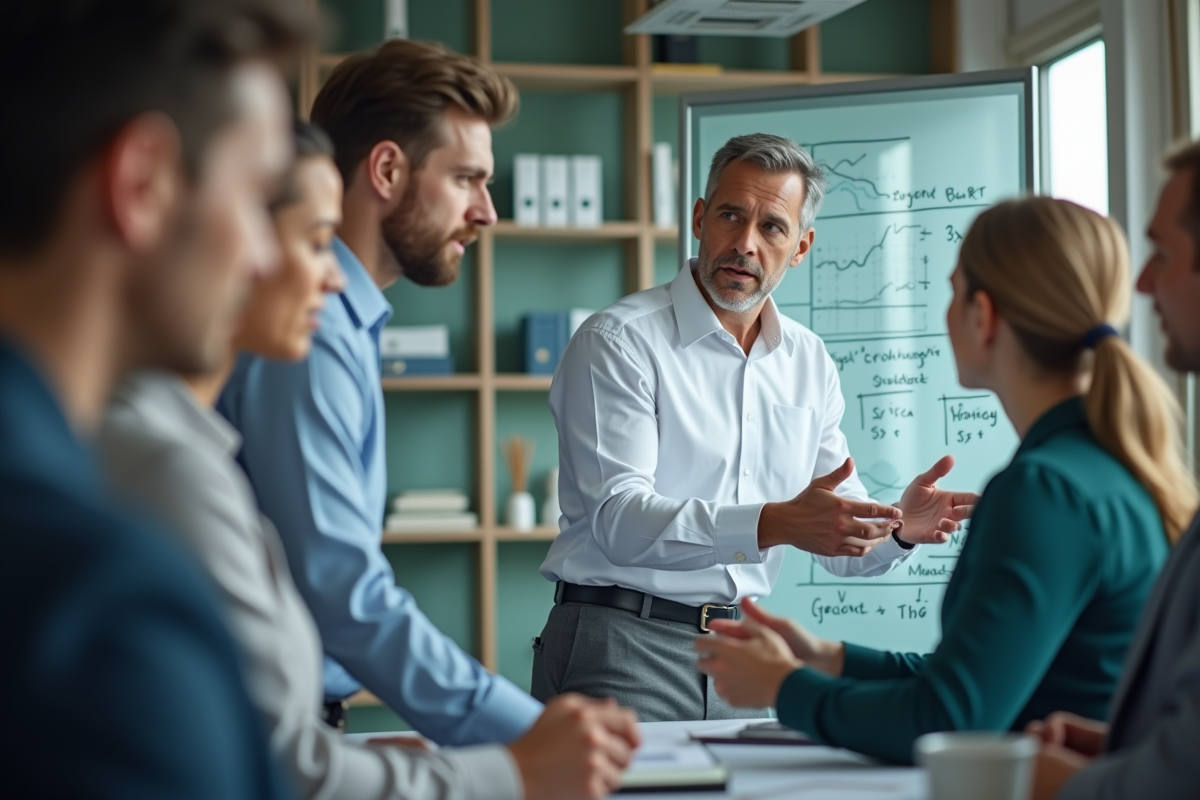 Homme explique stratégie financière avec tableau blanc