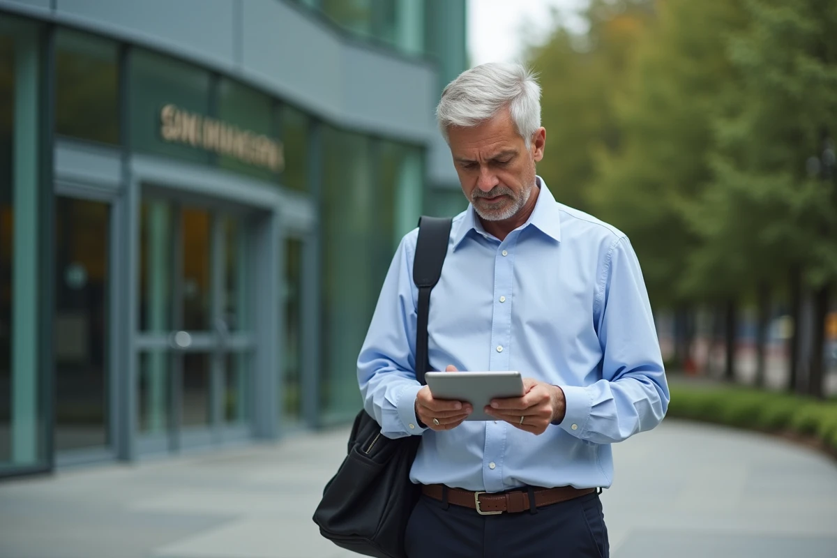 Homme d age moyen regardant son tablet devant une universite