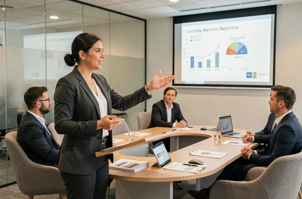 Formatrice animant une session de formation en relation client et développement commercial pour des professionnels adultes dans une salle de séminaire moderne d'IDEM Formation