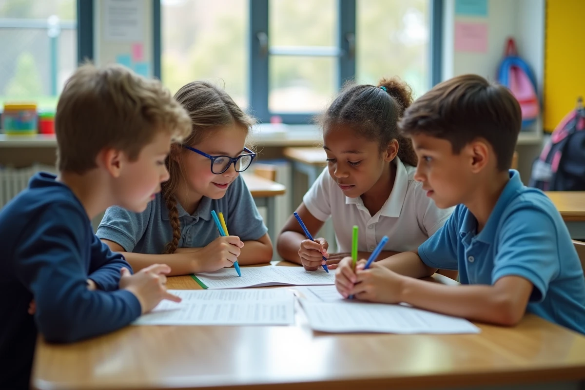 Groupe d'élèves en situation de travail collaboratif dans une classe ordinaire de collège, illustrant le retour à l'inclusion scolaire