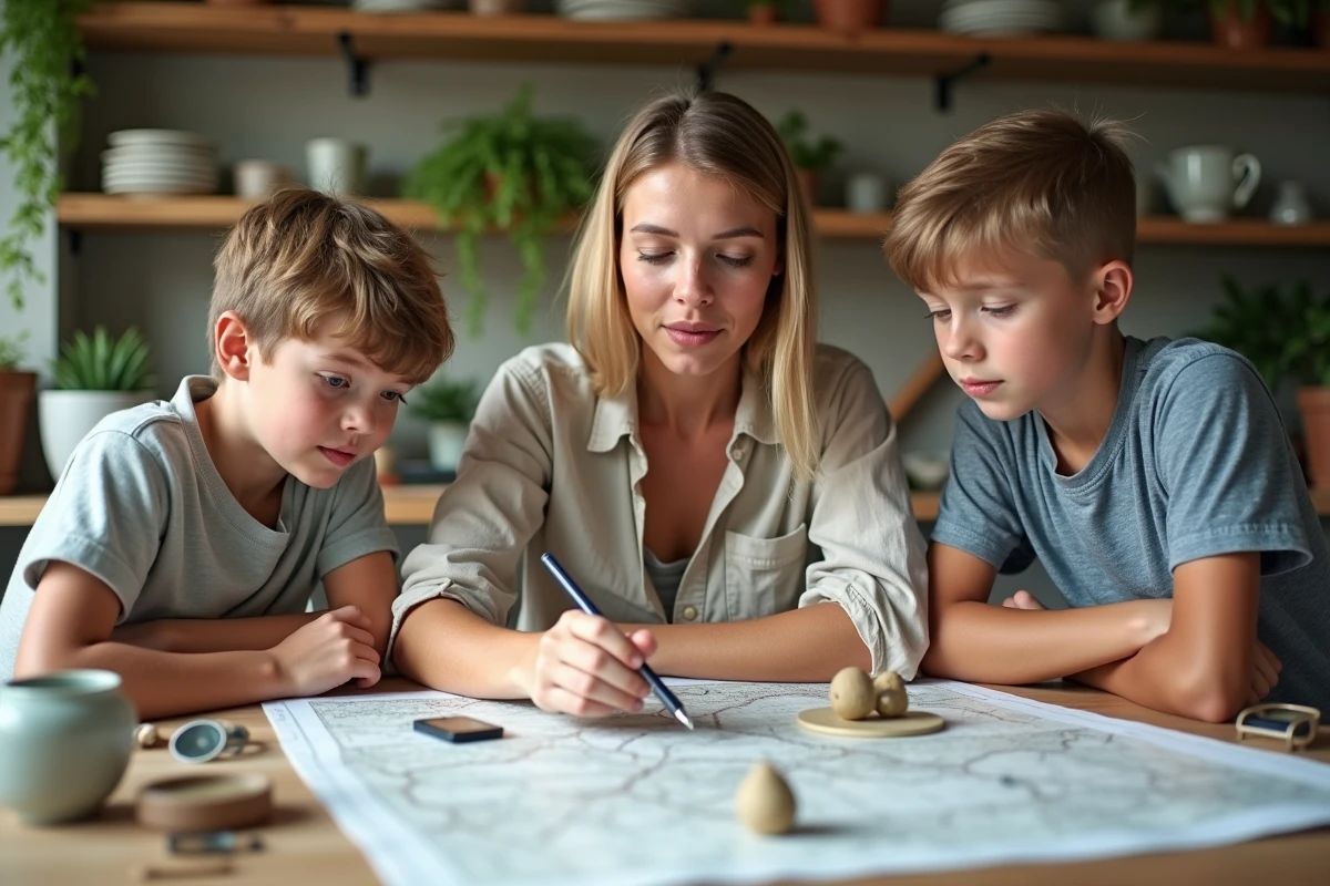Mère éducatrice et ses enfants travaillant ensemble sur un projet scientifique à la maison dans le cadre de l'instruction en famille