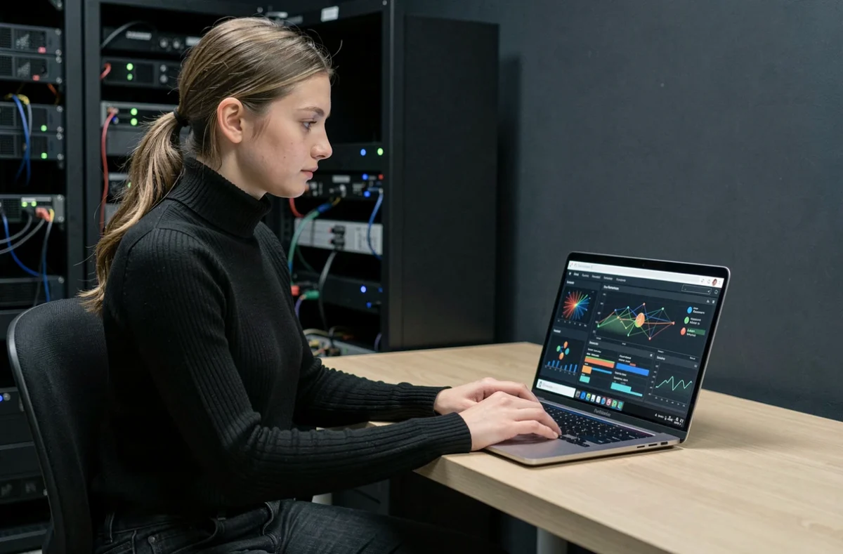 Étudiante en cybersécurité analysant un tableau de bord de surveillance réseau dans les locaux d'IPSSI Bordeaux