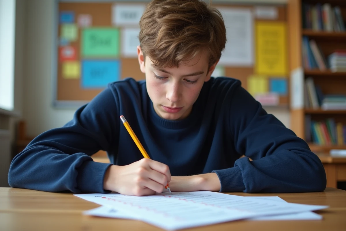 Adolescent concentré travaillant en classe avec un cahier de grammaire