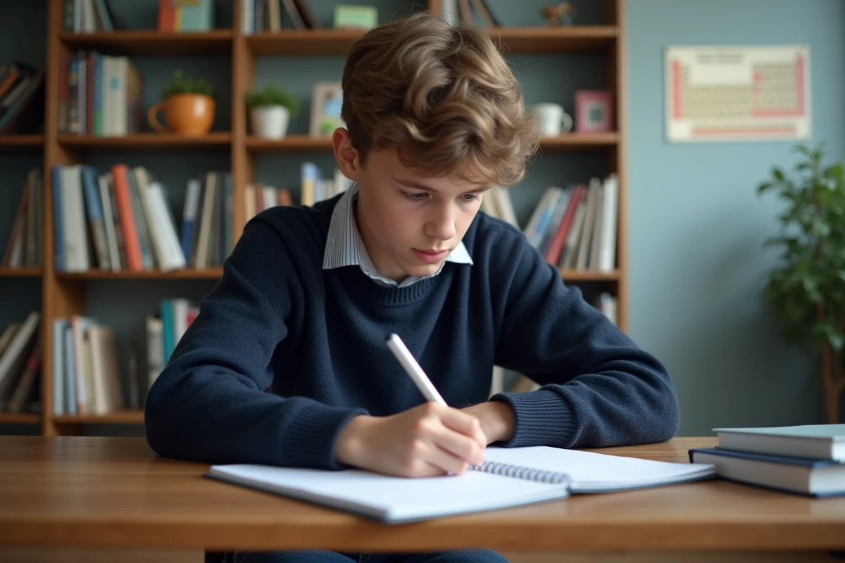 Jeune garçon en sweater navy écrit dans un cahier pour mémoriser Pi
