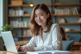 Jeune femme souriante apprend l'anglais sur son ordinateur